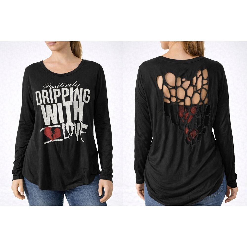 Positively Dripping With Love Distressed Back Long Sleeve Top Black High Low Hem